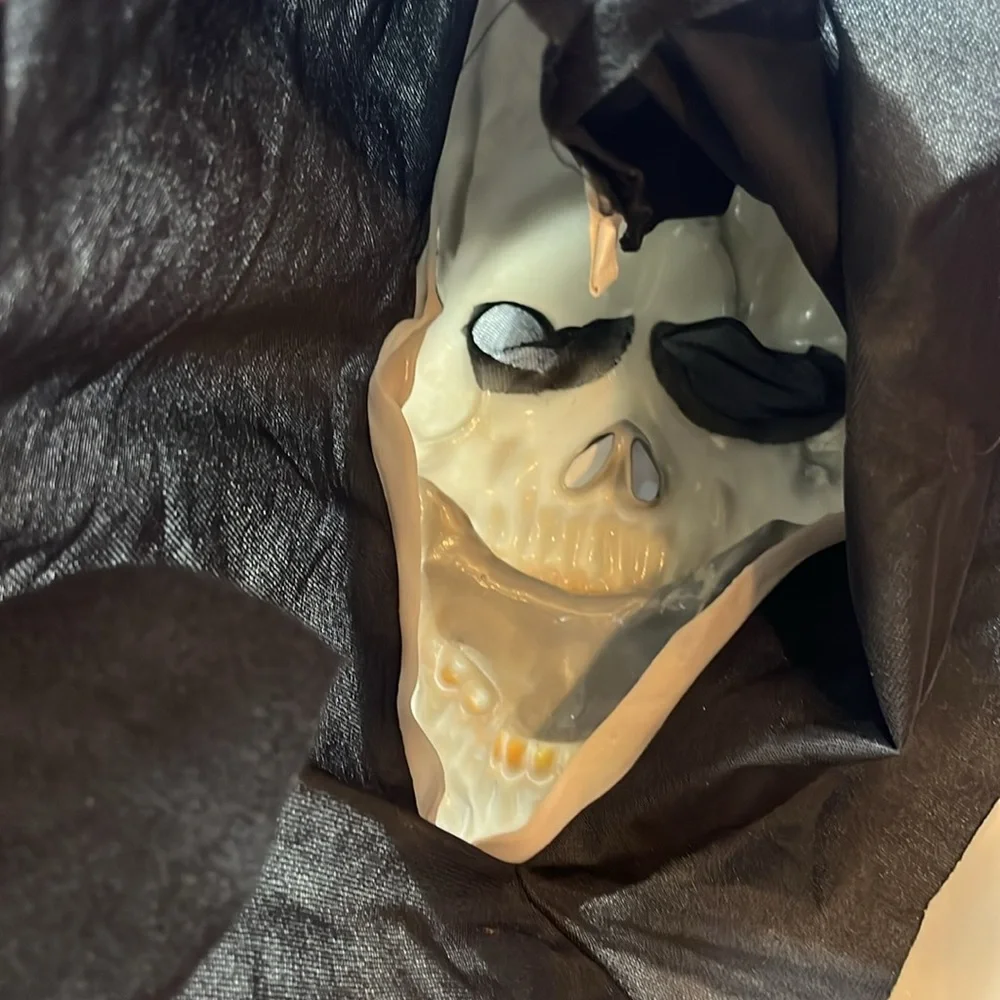 Skull face mask SCARY HORROR teeth open mouth cracked skull black hood Halloween